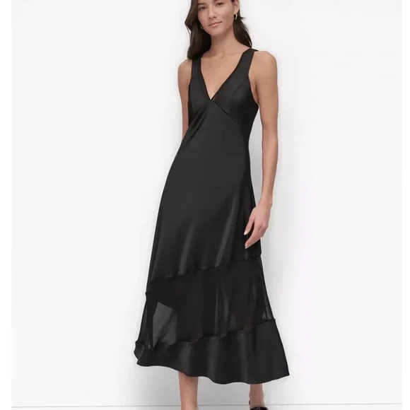 DKNY black satin midi slip dress sleeveless size 8 NEW - Picture 1 of 11